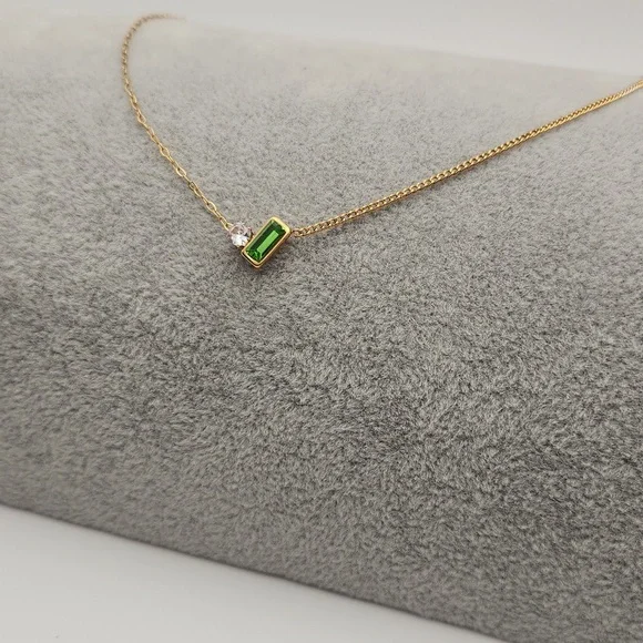 18K Gold Plated Dual-Chain Simulated Green Baguette and Round Zircon Necklace